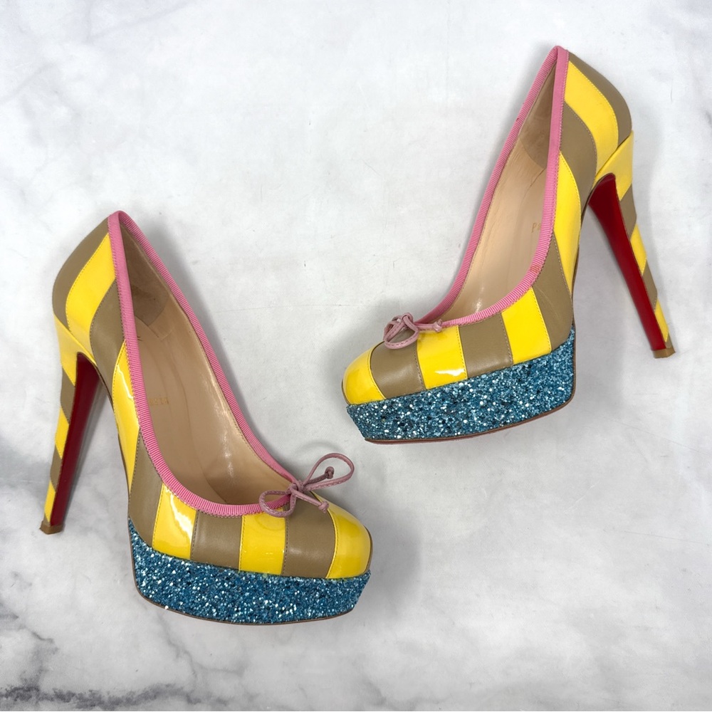 Christian Louboutin Foraine 140 Bow Striped Leather Glitter Platform Pumps Heels - Picture 3 of 16